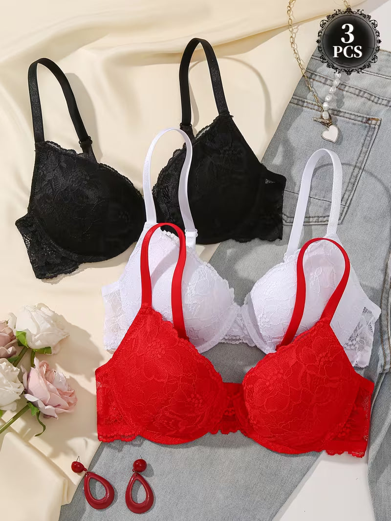 DesireSculpt 3pcs/Set Women's Underwire Lace Bras, Comfortable & Supportive Push Up Bras Lace Bras Multipack Bralettes For Women Lace^
