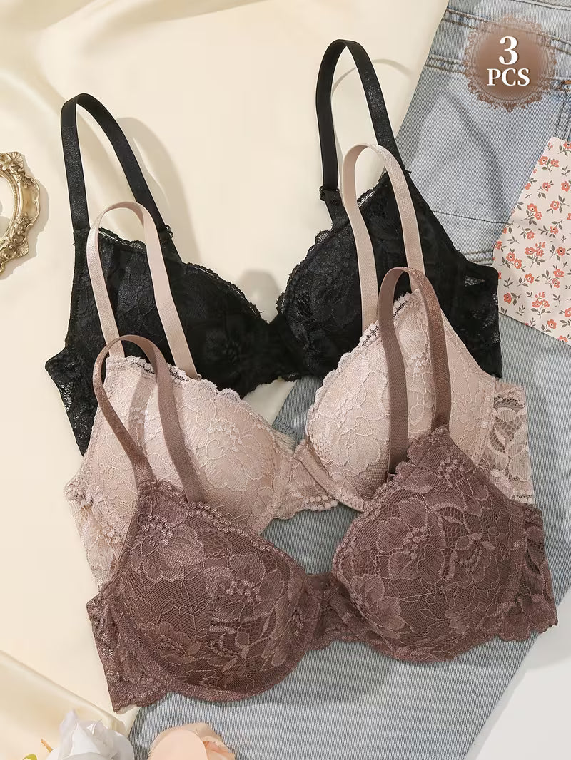 DesireSculpt 3pcs/Set Women's Underwire Lace Bras, Comfortable & Supportive Push Up Bras Lace Bras Multipack Bralettes For Women Lace^