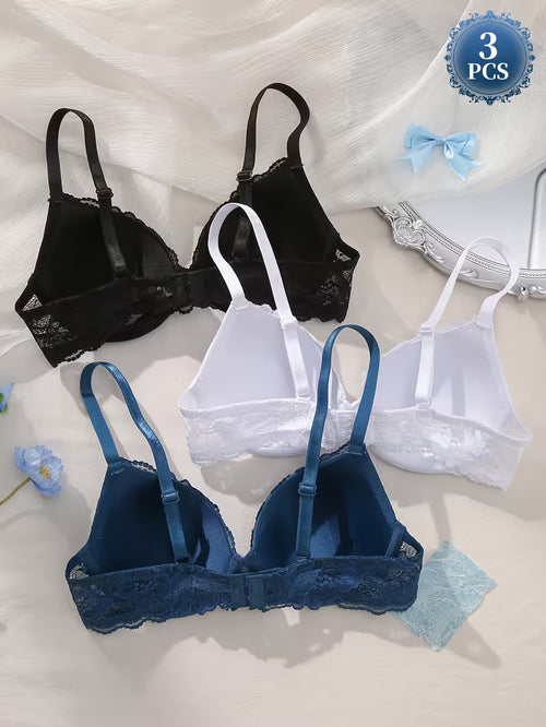 DesireSculpt 3pcs/Set Women's Underwire Lace Bras, Comfortable & Supportive Push Up Bras Lace Bras Multipack Bralettes For Women Lace^