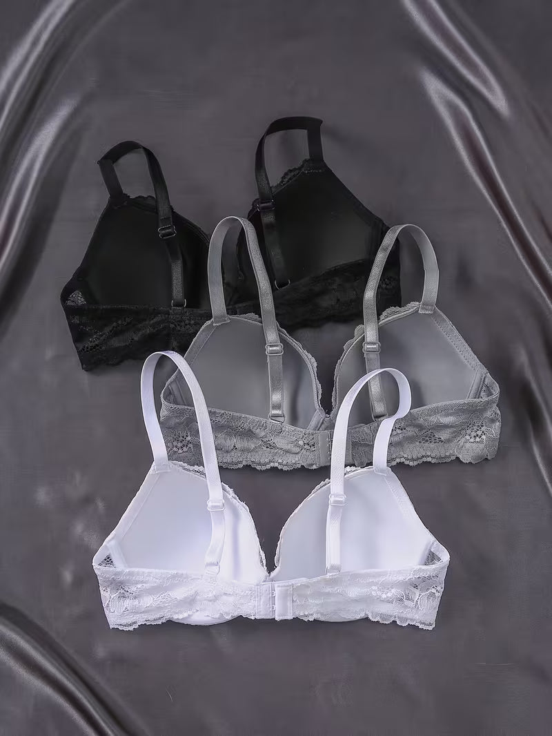 DesireSculpt 3pcs/Set Women's Underwire Lace Bras, Comfortable & Supportive Push Up Bras Lace Bras Multipack Bralettes For Women Lace^