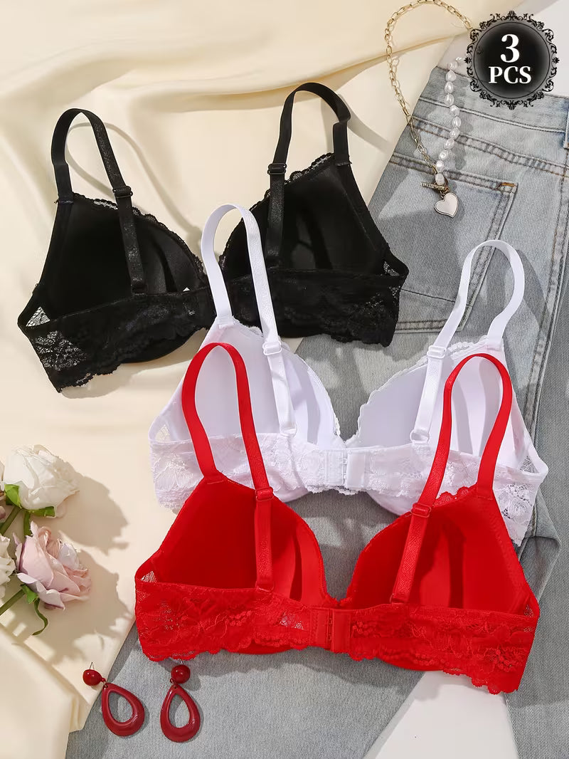 DesireSculpt 3pcs/Set Women's Underwire Lace Bras, Comfortable & Supportive Push Up Bras Lace Bras Multipack Bralettes For Women Lace^